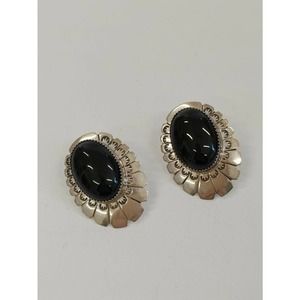 Sterling Oval Earrings, Black Cabochon, Marked LS